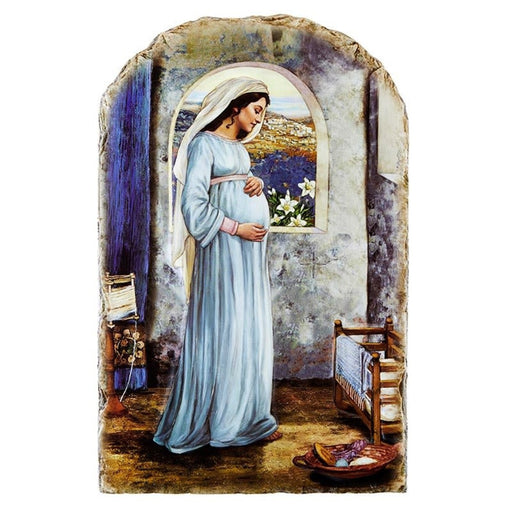 Pregnant Virgin Mary Arched Tile Plaque with Wire Stand
